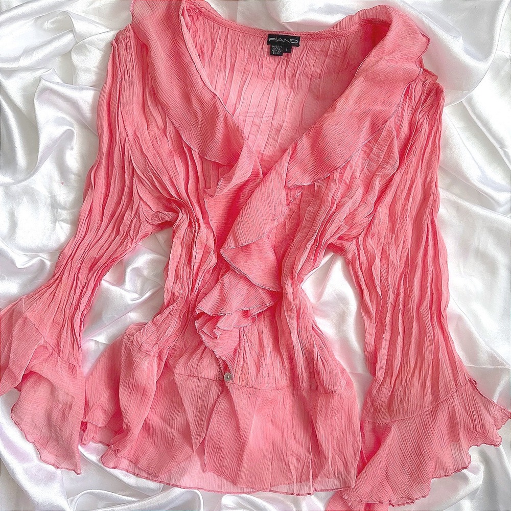 Piano Pink Crinkle Ruffle Blouse V-Neck Sheer Long Sleeve Top Size L